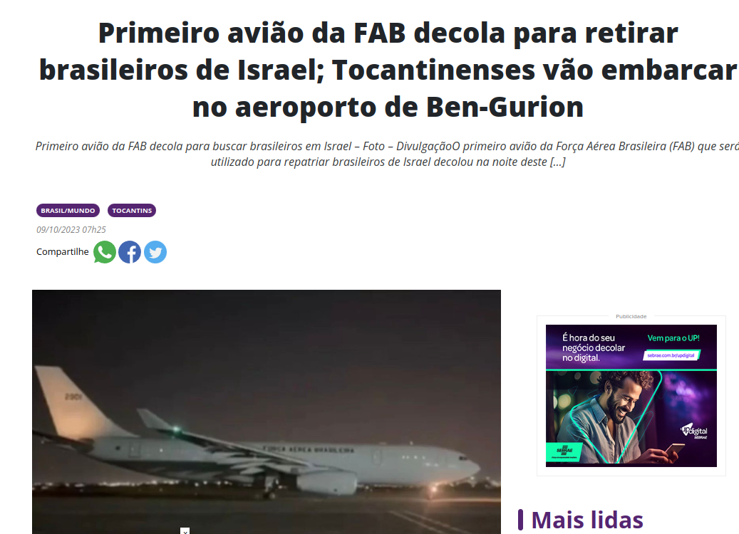 Primeiro avião da FAB decola para retirar brasileiros de Israel